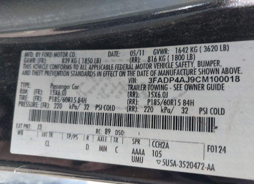 Photo 9 of 2012 Ford Fiesta S (VIN 3FADP4AJ9CM100018)