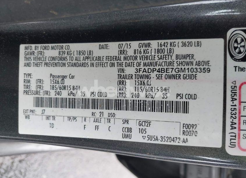 Photo 9 of 2016 Ford Fiesta SE (VIN 3FADP4BE7GM103359)