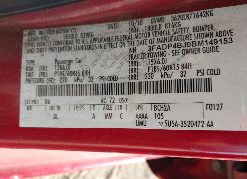 Photo 9 of 2011 Ford Fiesta SE (VIN 3FADP4BJ0BM149153)