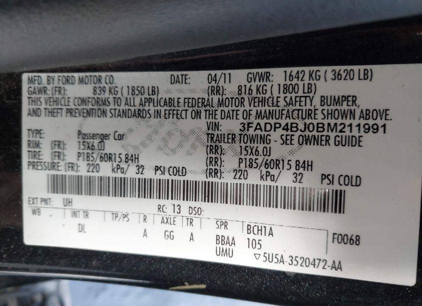 Photo 9 of 2011 Ford Fiesta SE (VIN 3FADP4BJ0BM211991)