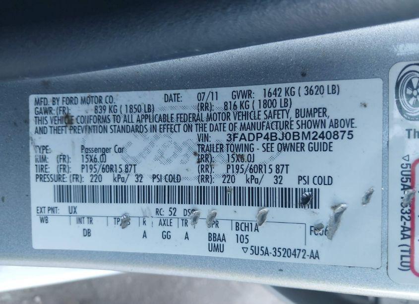 Photo 9 of 2011 Ford Fiesta SE (VIN 3FADP4BJ0BM240875)