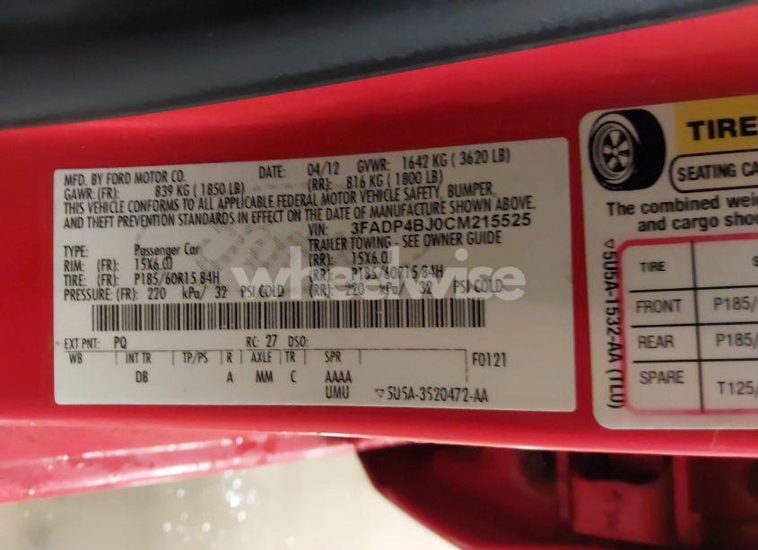 Photo 9 of 2012 Ford Fiesta SE (VIN 3FADP4BJ0CM215525)