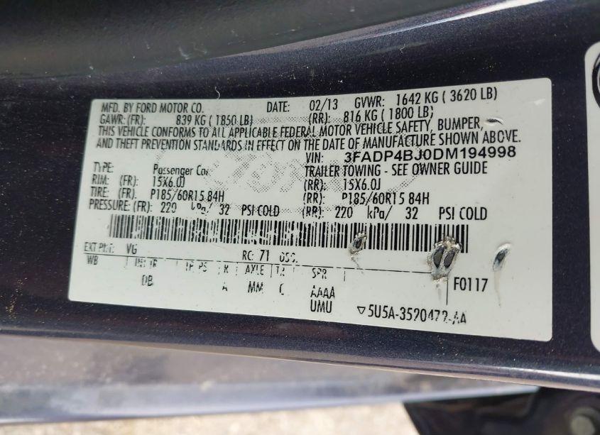 Photo 9 of 2013 Ford Fiesta SE (VIN 3FADP4BJ0DM194998)