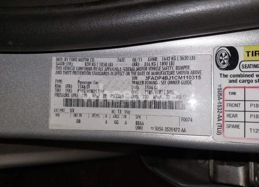 Photo 9 of 2012 Ford Fiesta SE (VIN 3FADP4BJ1CM110315)