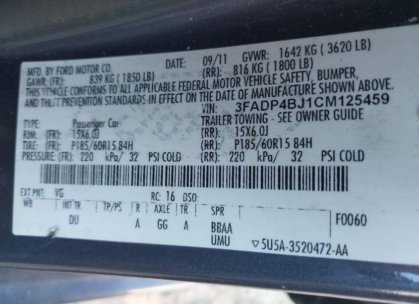 Photo 9 of 2012 Ford Fiesta SE (VIN 3FADP4BJ1CM125459)