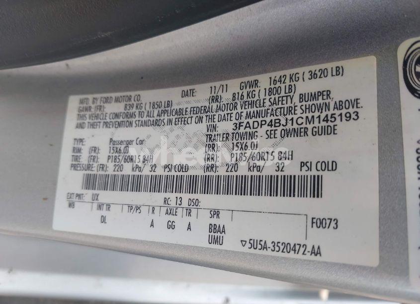 Photo 9 of 2012 Ford Fiesta SE (VIN 3FADP4BJ1CM145193)