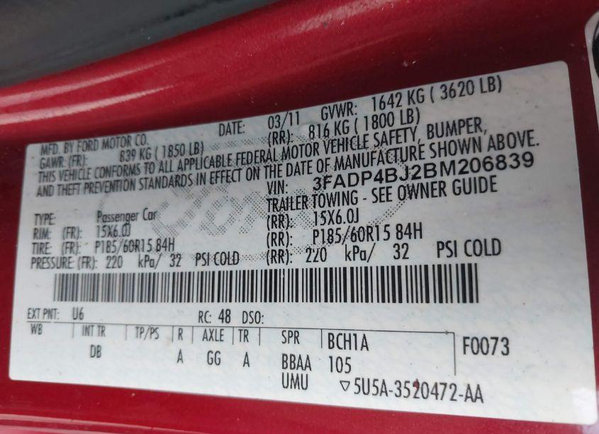Photo 9 of 2011 Ford Fiesta SE (VIN 3FADP4BJ2BM206839)