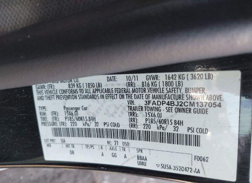 Photo 9 of 2012 Ford Fiesta SE (VIN 3FADP4BJ2CM137054)