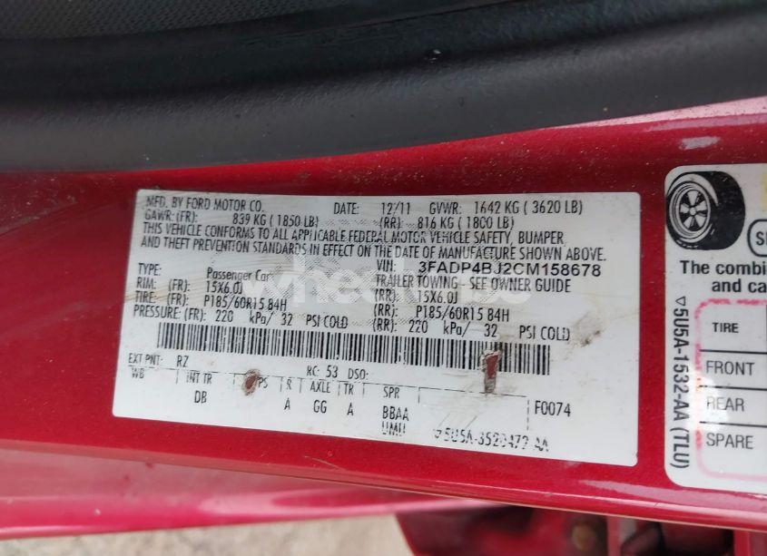 Photo 9 of 2012 Ford Fiesta SE (VIN 3FADP4BJ2CM158678)