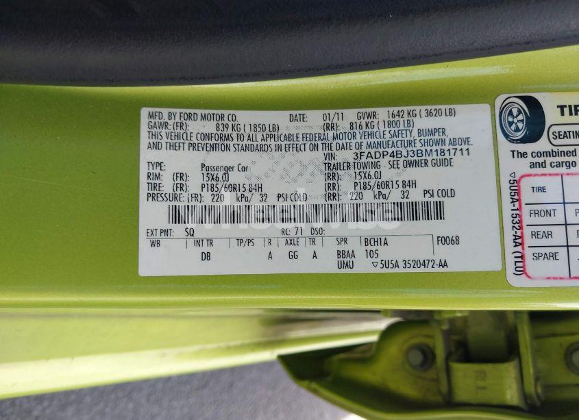 Photo 9 of 2011 Ford Fiesta SE (VIN 3FADP4BJ3BM181711)