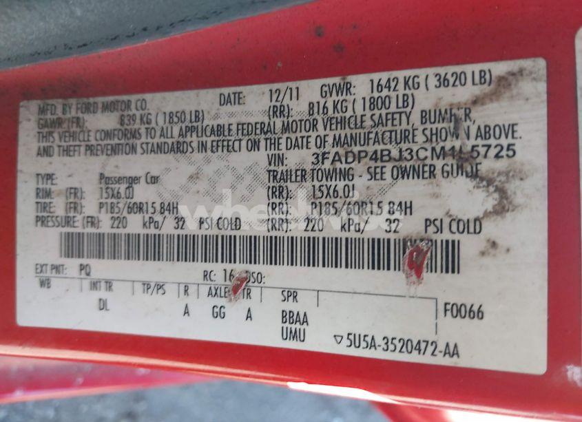 Photo 9 of 2012 Ford Fiesta SE (VIN 3FADP4BJ3CM155725)