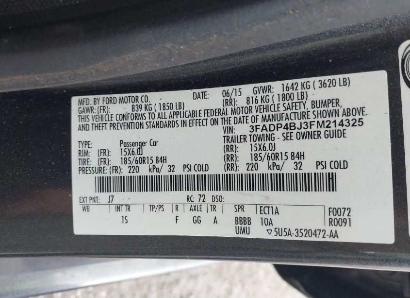 Photo 9 of 2015 Ford Fiesta SE (VIN 3FADP4BJ3FM214325)