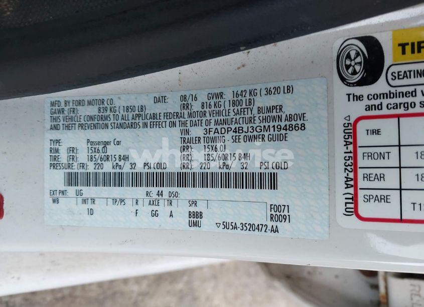 Photo 9 of 2016 Ford Fiesta SE (VIN 3FADP4BJ3GM194868)