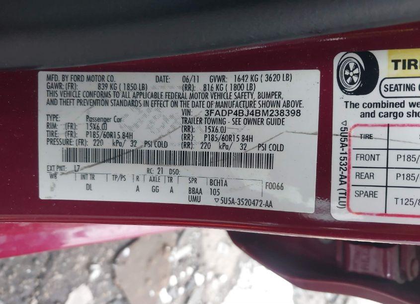 Photo 9 of 2011 Ford Fiesta SE (VIN 3FADP4BJ4BM238398)