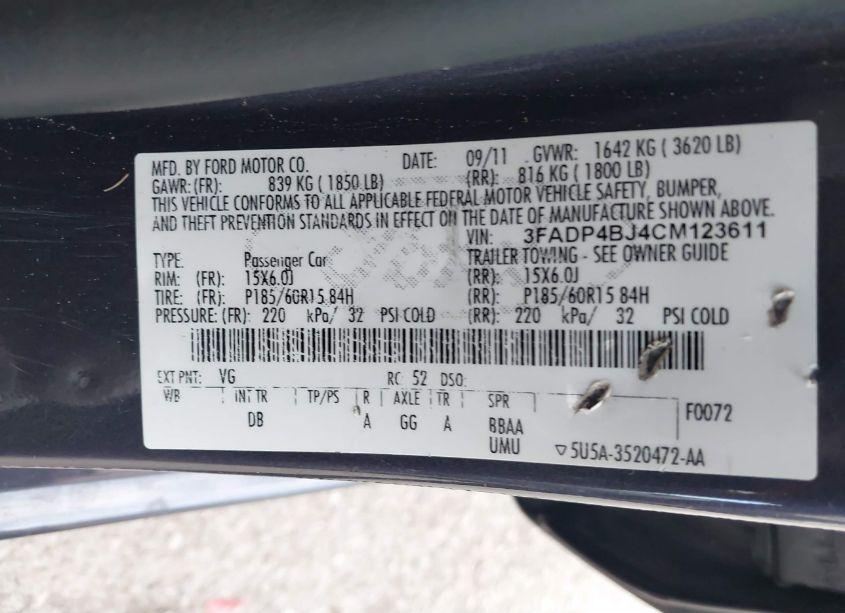 Photo 9 of 2012 Ford Fiesta SE (VIN 3FADP4BJ4CM123611)