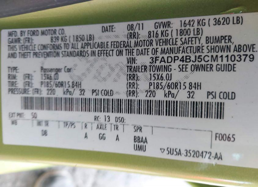 Photo 9 of 2012 Ford Fiesta SE (VIN 3FADP4BJ5CM110379)