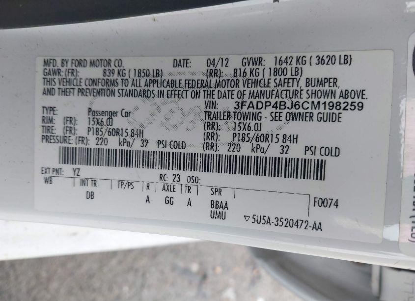 Photo 9 of 2012 Ford Fiesta SE (VIN 3FADP4BJ6CM198259)