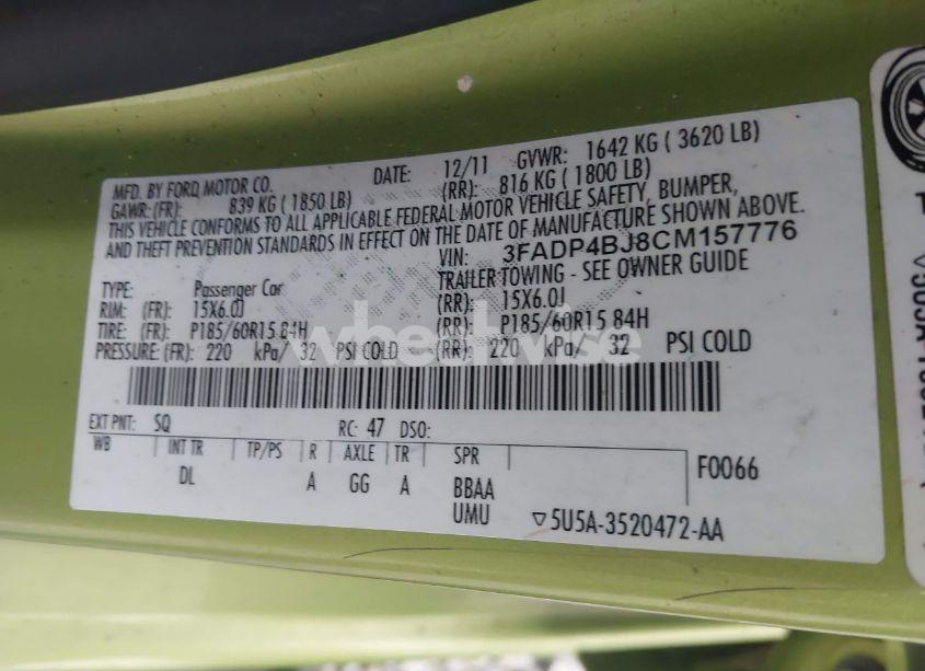 Photo 9 of 2012 Ford Fiesta SE (VIN 3FADP4BJ8CM157776)