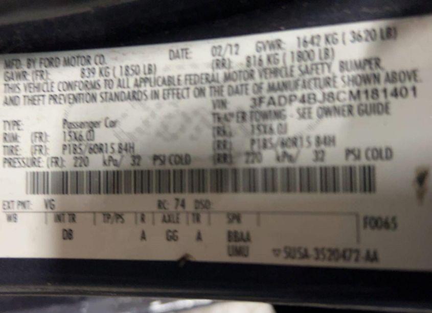 Photo 9 of 2012 Ford Fiesta SE (VIN 3FADP4BJ8CM181401)