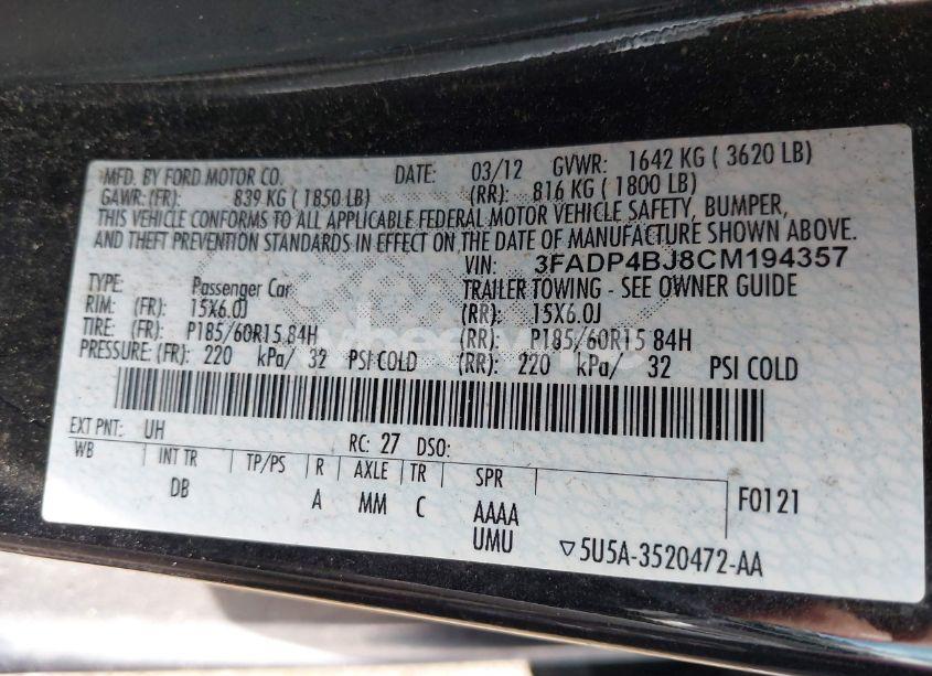 Photo 9 of 2012 Ford Fiesta SE (VIN 3FADP4BJ8CM194357)