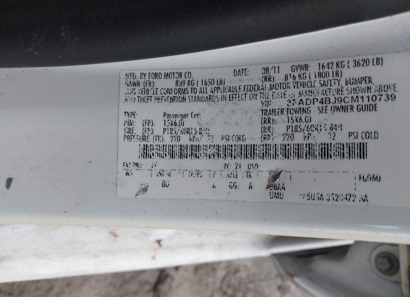 Photo 9 of 2012 Ford Fiesta SE (VIN 3FADP4BJ9CM110739)