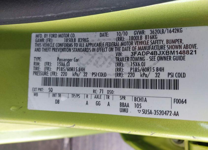 Photo 9 of 2011 Ford Fiesta SE (VIN 3FADP4BJXBM148821)