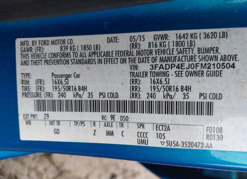 Photo 9 of 2015 Ford Fiesta SE (VIN 3FADP4EJ0FM210504)