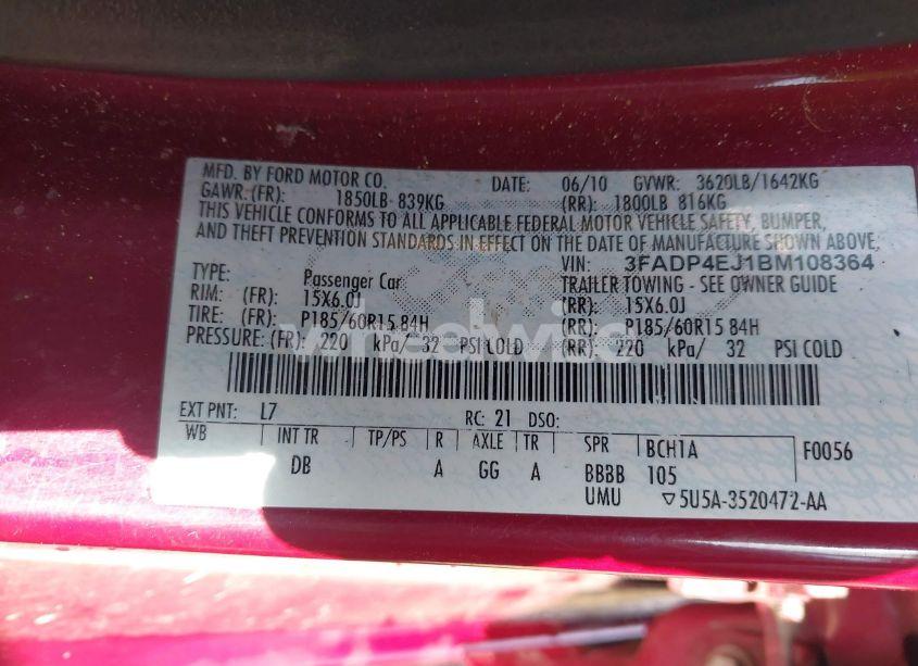 Photo 9 of 2011 Ford Fiesta SE (VIN 3FADP4EJ1BM108364)