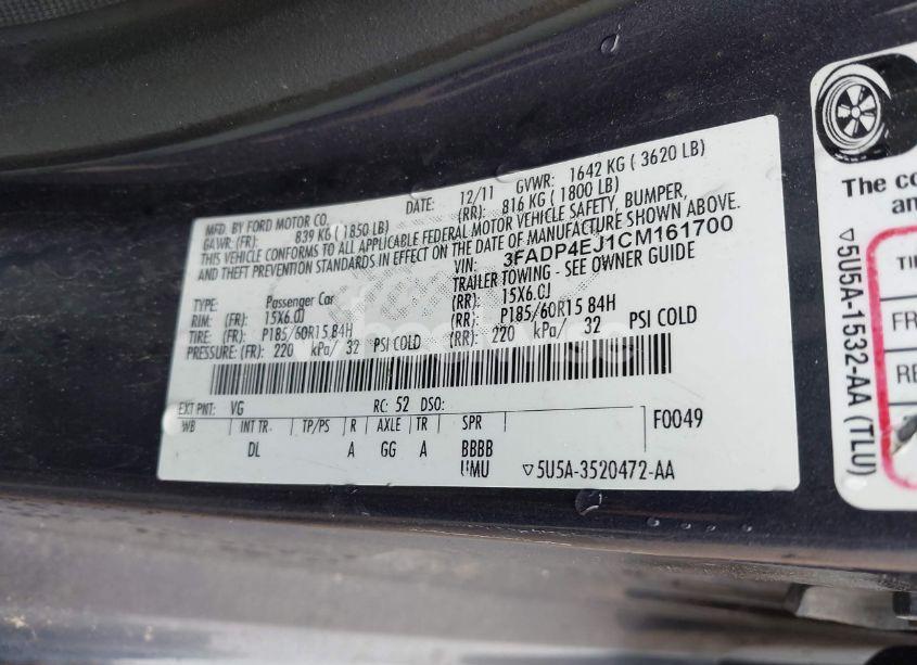 Photo 8 of 2012 Ford Fiesta SE (VIN 3FADP4EJ1CM161700)