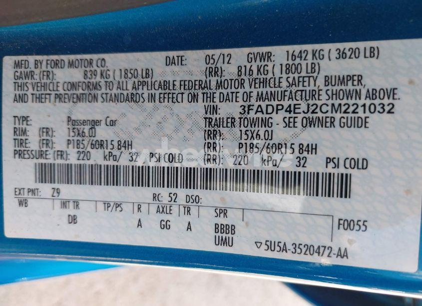 Photo 9 of 2012 Ford Fiesta SE (VIN 3FADP4EJ2CM221032)