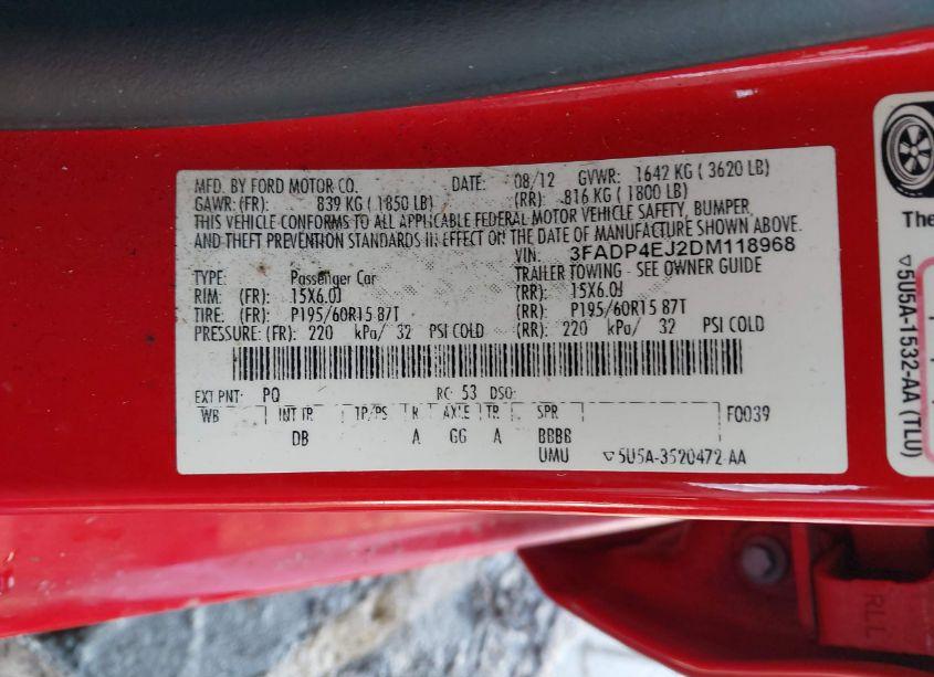Photo 9 of 2013 Ford Fiesta SE (VIN 3FADP4EJ2DM118968)