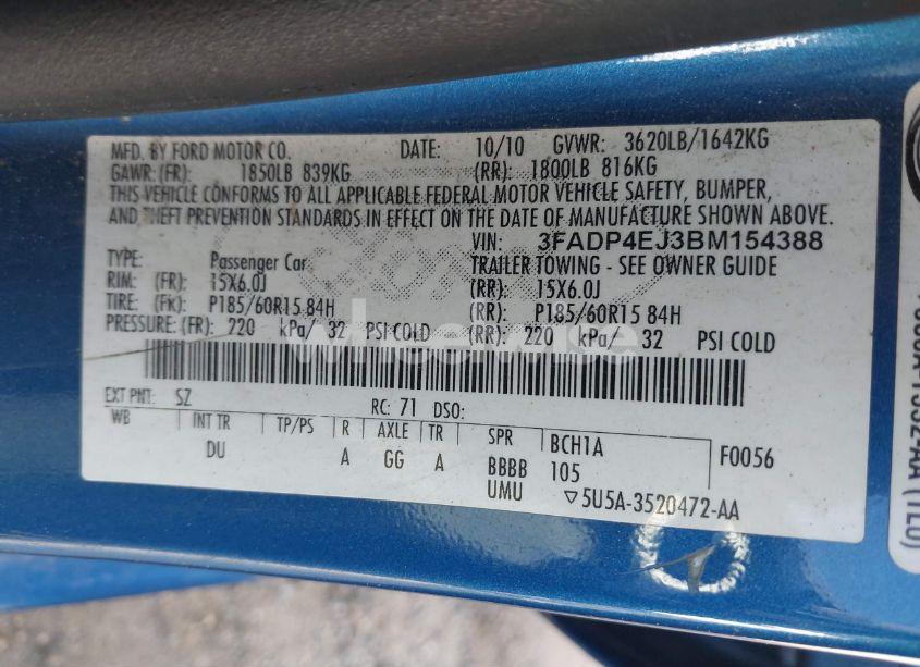 Photo 9 of 2011 Ford Fiesta SE (VIN 3FADP4EJ3BM154388)