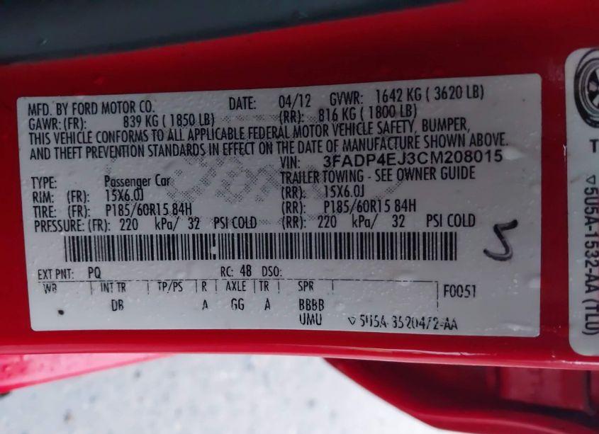 Photo 9 of 2012 Ford Fiesta SE (VIN 3FADP4EJ3CM208015)