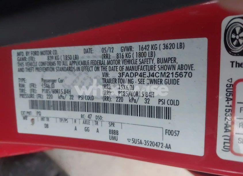 Photo 9 of 2012 Ford Fiesta SE (VIN 3FADP4EJ4CM215670)