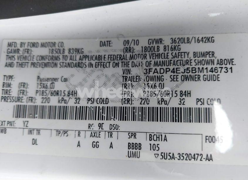 Photo 9 of 2011 Ford Fiesta SE (VIN 3FADP4EJ5BM146731)