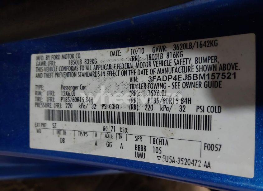 Photo 9 of 2011 Ford Fiesta SE (VIN 3FADP4EJ5BM157521)