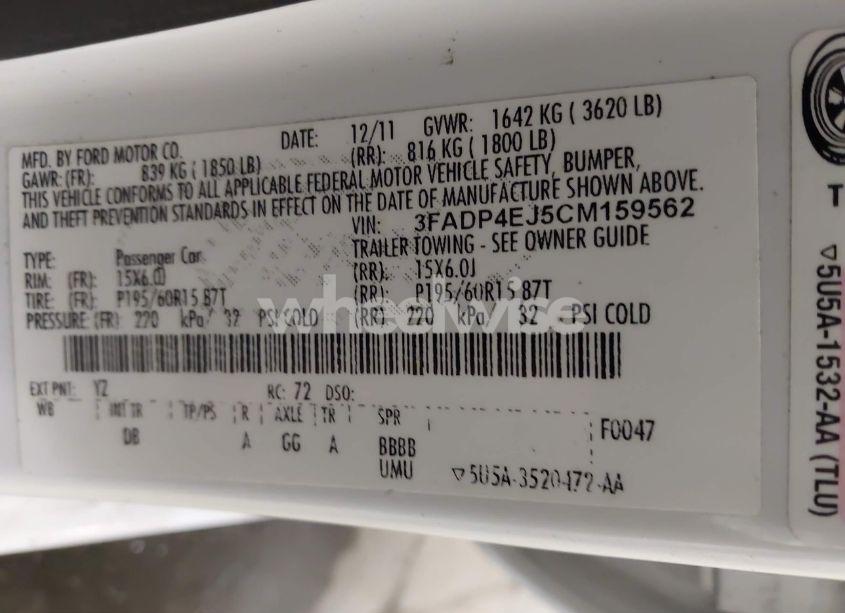 Photo 9 of 2012 Ford Fiesta SE (VIN 3FADP4EJ5CM159562)