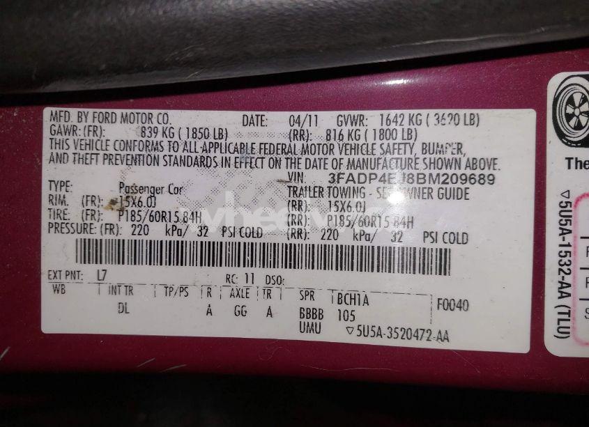 Photo 9 of 2011 Ford Fiesta SE (VIN 3FADP4EJ8BM209689)