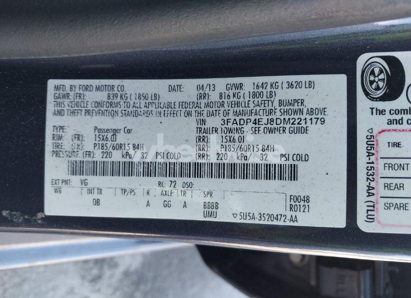 Photo 9 of 2013 Ford Fiesta SE (VIN 3FADP4EJ8DM221179)