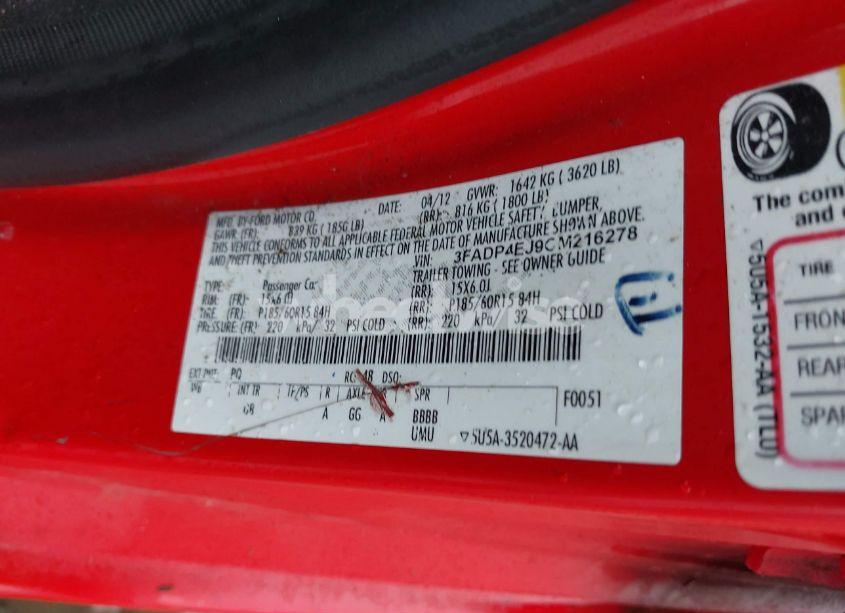 Photo 9 of 2012 Ford Fiesta SE (VIN 3FADP4EJ9CM216278)