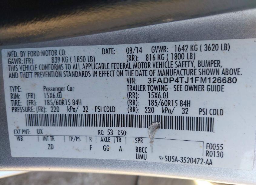 Photo 9 of 2015 Ford Fiesta S (VIN 3FADP4TJ1FM126680)