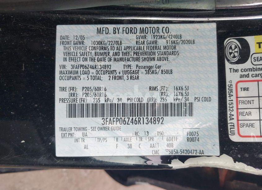 Photo 9 of 2006 Ford Fusion S (VIN 3FAFP06Z46R134892)