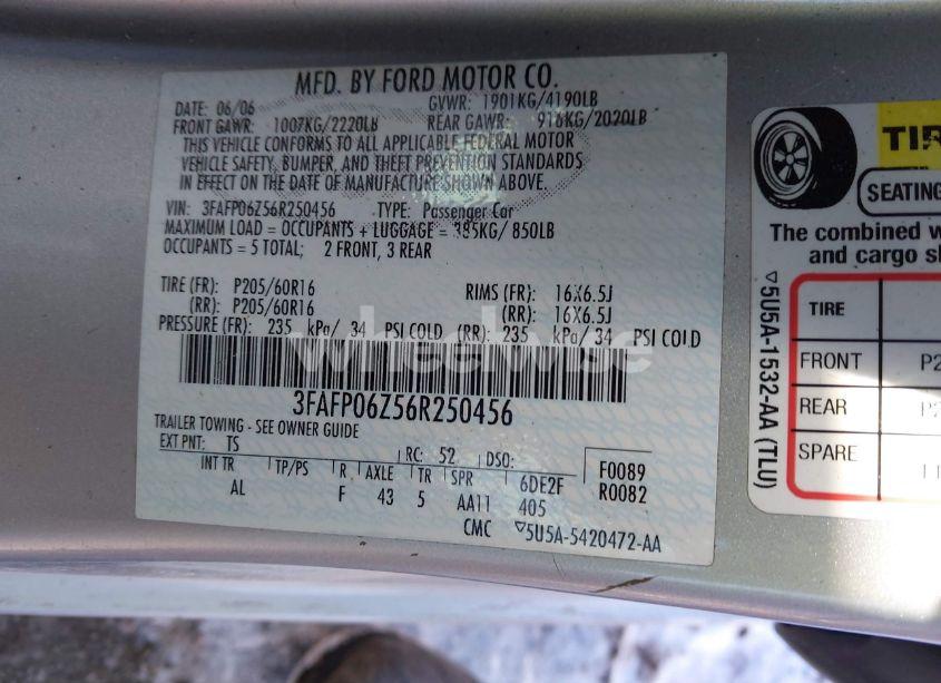 Photo 9 of 2006 Ford Fusion S (VIN 3FAFP06Z56R250456)