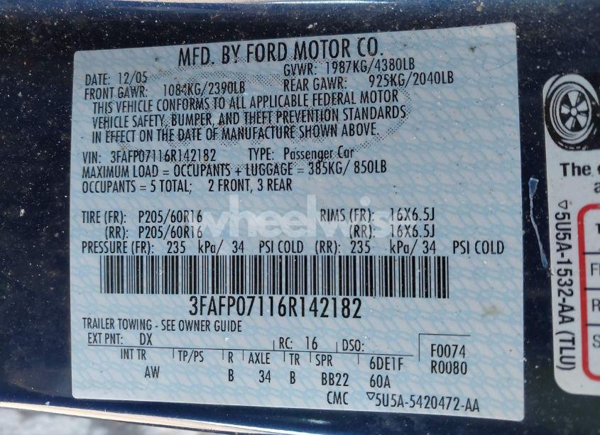 Photo 9 of 2006 Ford Fusion SE (VIN 3FAFP07116R142182)