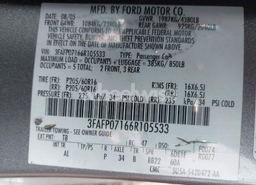 Photo 9 of 2006 Ford Fusion SE (VIN 3FAFP07166R105533)