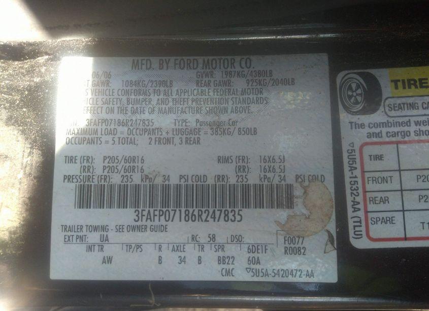 Photo 9 of 2006 Ford Fusion SE (VIN 3FAFP07186R247835)