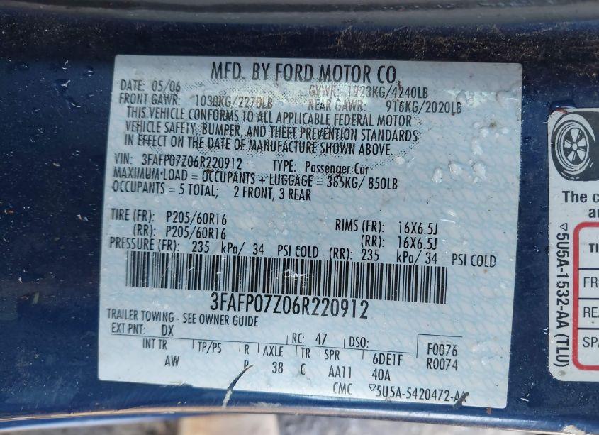 Photo 9 of 2006 Ford Fusion SE (VIN 3FAFP07Z06R220912)