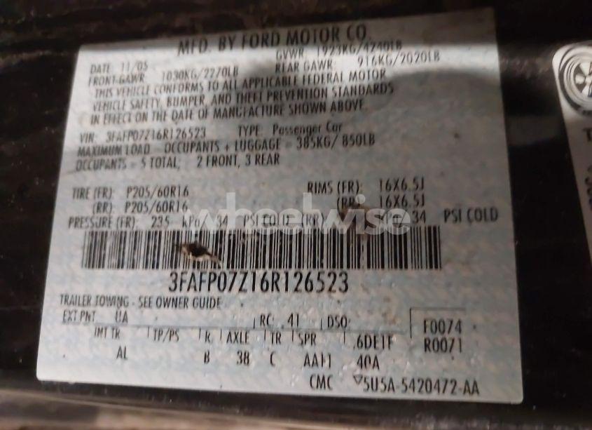 Photo 9 of 2006 Ford Fusion SE (VIN 3FAFP07Z16R126523)