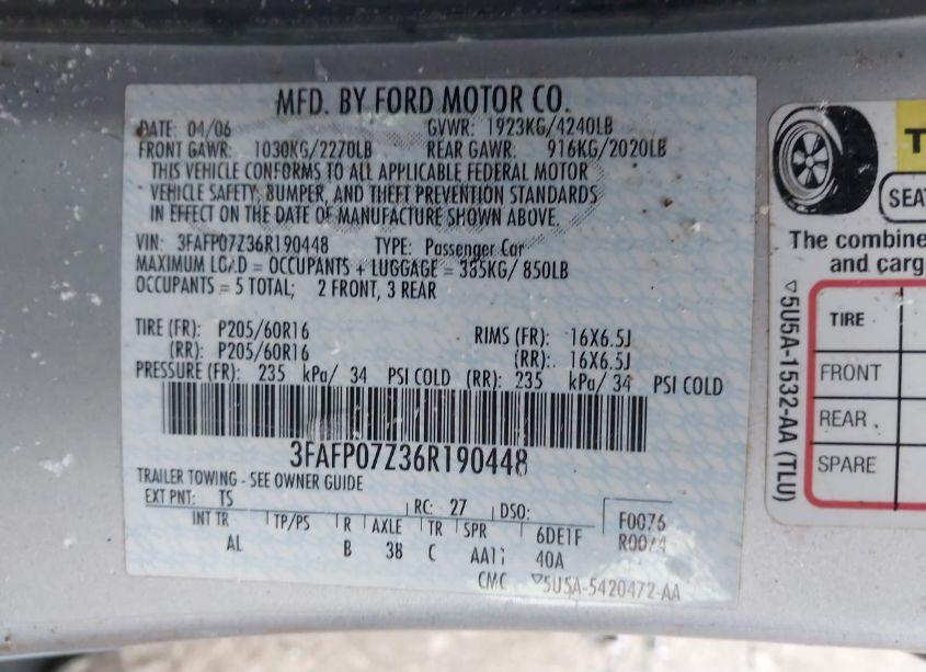 Photo 9 of 2006 Ford Fusion SE (VIN 3FAFP07Z36R190448)