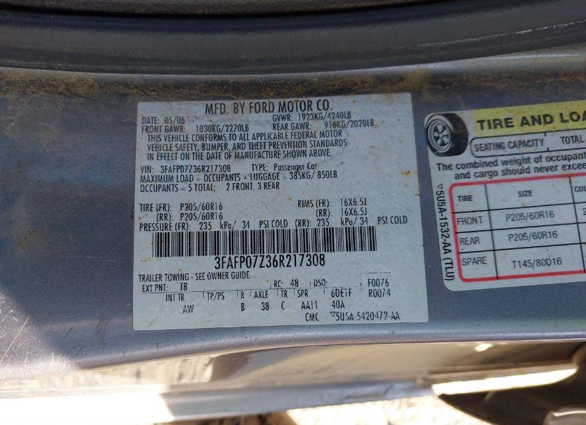 Photo 9 of 2006 Ford Fusion SE (VIN 3FAFP07Z36R217308)